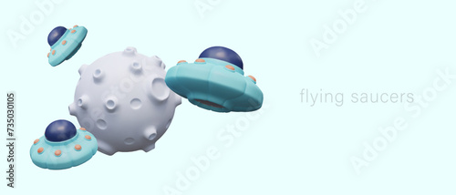 3D moon with volcanic craters, flying saucers. Foreign territory. Planet of aliens