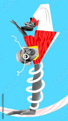 Elderly emotional man in headphones dancing breakdance on blue background. Contemporary art collage. Hipster vibe. Concept of aging, fashion, surrealism, freedom and acceptance. Colorful poster