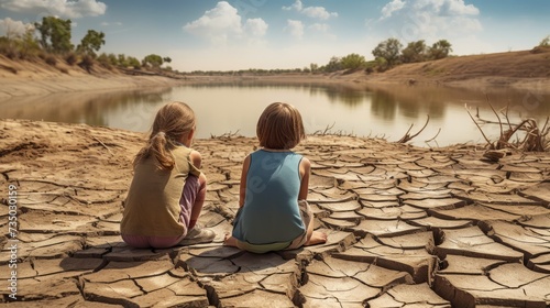 Children sit on the cracked Ground and look at the drying river after the summer drought. The concept of global warming, climate change and global ecology. photo