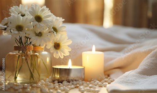 Spa decoration with candle, daisies , white flowers and a bottle with massage oil, beauty wellness centre. Spa product are placed in luxury spa resort room.