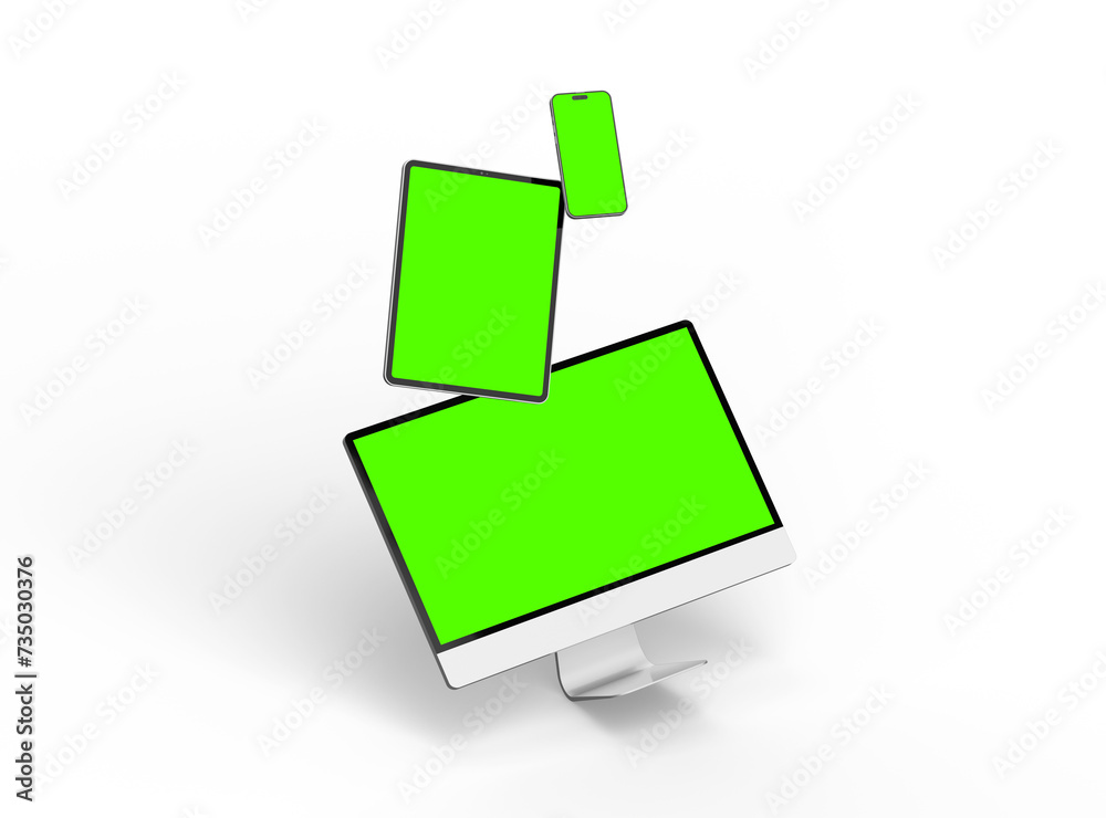 3D Render of smartphone tablet desktop with green screens on a light background 3D Render of smartphone tablet desktop with green screens on a light background