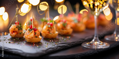 shrimp appetizers on a party table with baguette slice champagne glassessandwich stick bokeh outdoor table