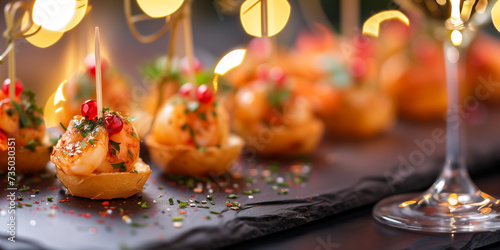 close photo of shrimp appetizers on a party table with baguette slice champagne glassessandwich stick bokeh outdoor table
