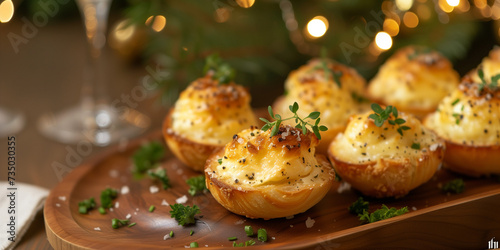 Baked half eggs with cheese cream for wedding elegant party or easter table with bokeh light and decoration