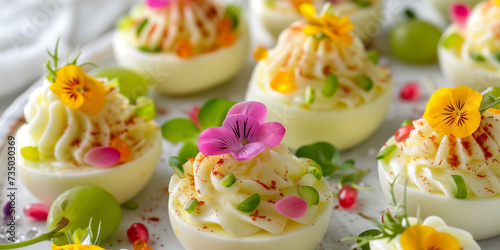 Half hard boiled eggs with egg cream filling with edible flower violets on the easter holyday party table