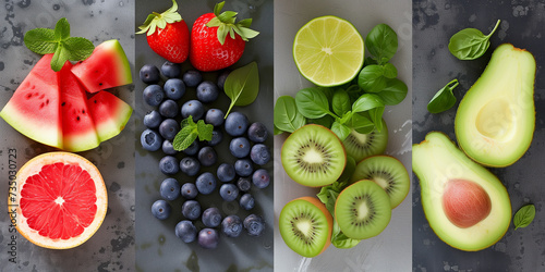 healthy food montage on black background with vegetables and fruits like avocado blueberry strawberry mint leaf kiwi citrus grapefruit watermelon