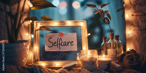 important reminder about selfcare on the mirror with self care objects photo
