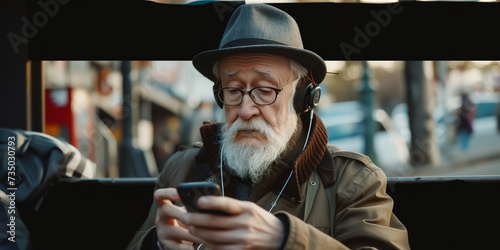 Old man using tablet and smile