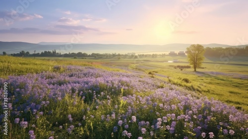 landscape sunrise view on the meadow in spring