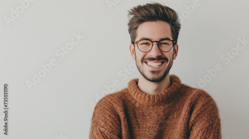 jovem sorridente de óculos olhando para câmera isolada em cinza photo