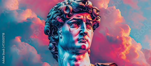 Vibrant classical statue head with surreal pink and blue tones against a dramatic cloudscape, ideal for modern art concepts with copy space on the right