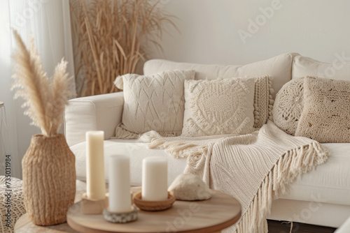 Cozy and stylish living room interior. Couch with decorative cushions in pastel neutral colors and wooden table with candles, vase with dry plants and natural decorations photo