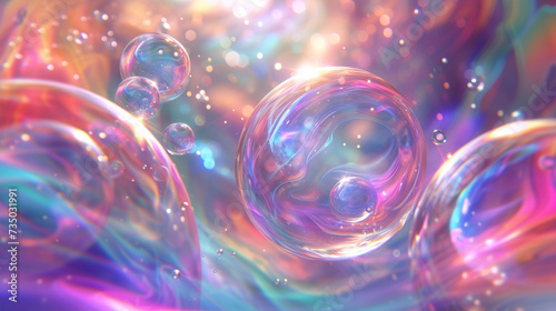 A captivating spectacle of swirling iridescent orbs that seem to defy gravity shifting and morphing in a beautiful display of fluid movement.