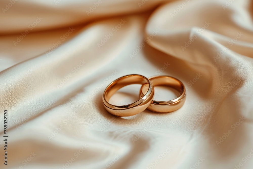 Wedding gold rings on beige silk fabric with copy space Wedding gold rings on beige silk fabric with copy space