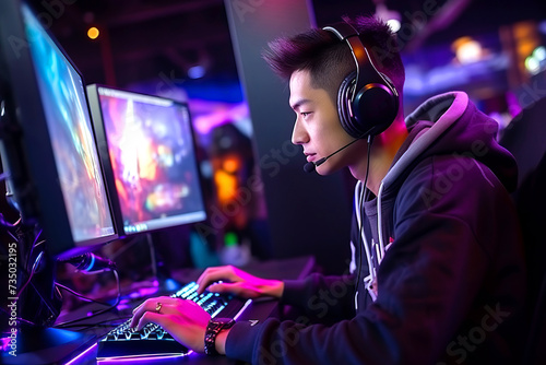 Guy gamer in headphones plays video games on PC
