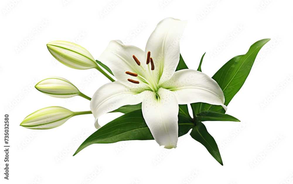 White Lily with Verdant Leaves Isolated on Transparent Background PNG.