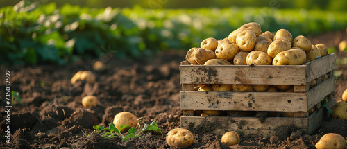 Fresh potatoes in a wooden box in a field. Potato harvest. Agriculture.