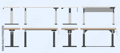 Electric height adjustable standing desk, Manual adjustable standing desk, Front view of modern worktables, Side view of working desk, Workplace and working space concept.