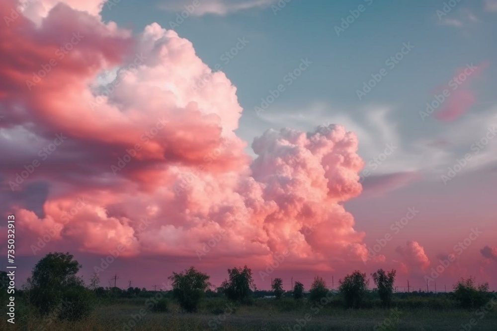 Fluffy pink clouds decorate the sky resembling cotton candy. Generative AI