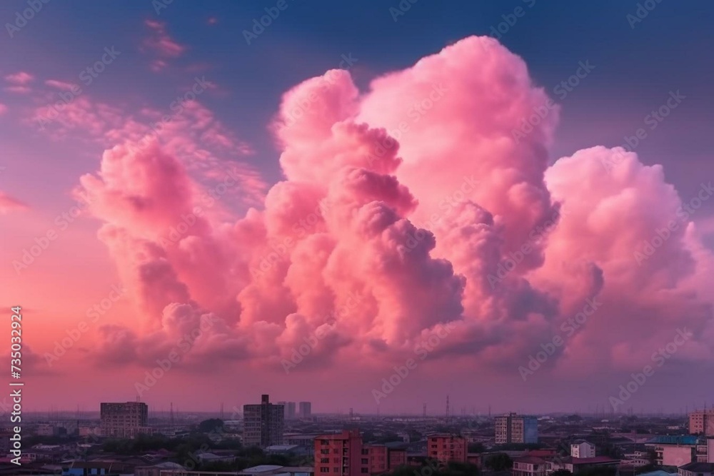 Fluffy pink clouds decorate the sky resembling cotton candy. Generative AI