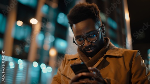 An urban man in a fashionable jacket and glasses focused on his smartphone, with city lights softly blurred in the background. 
