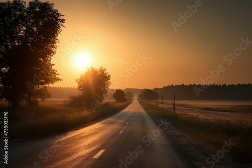 Evening road with sunlight leading to horizon. Generative AI © Iolanthe