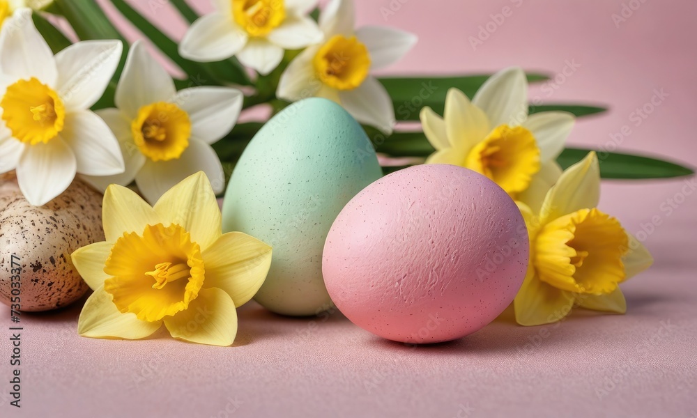 Easter Mosaic: Pastel Background with daffodils Blooms and Eggs