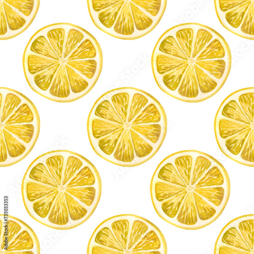 Watercolor pattern. Yellow lemon circles, hand drawn in watercolor on a white background. Suitable for printing on fabric and paper, for kitchen decoration, design of dishes and towels, tablecloths.