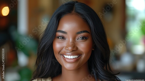 Stock photo of a beautiful black woman smiling and taking a photo.