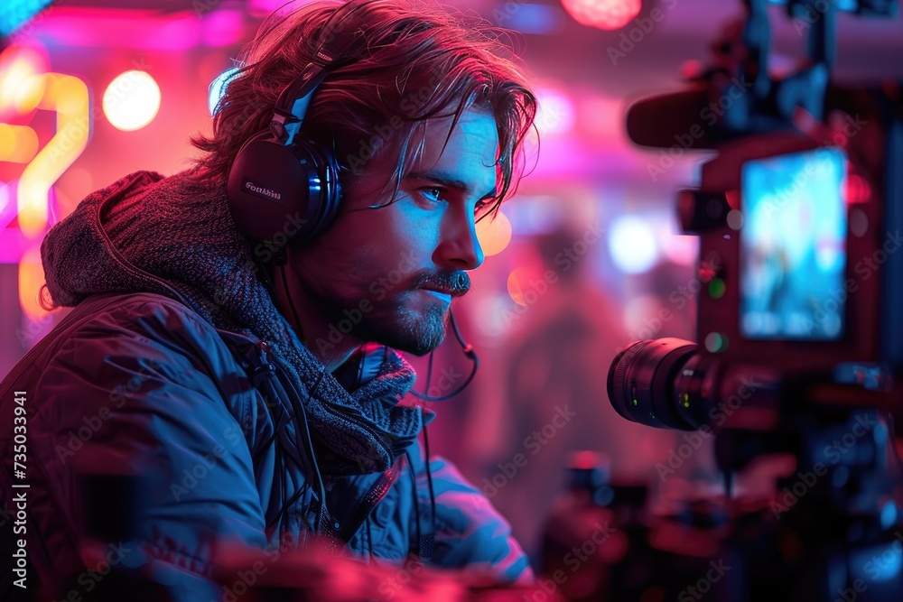 Man creating digital content whether it's a podcast or a video. He uses cameras, microphones and computers Man creating digital content whether it's a podcast or a video. He uses cameras, microphones and computers