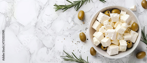 Sliced ​​goat feta cheese with rosemary and olives photo