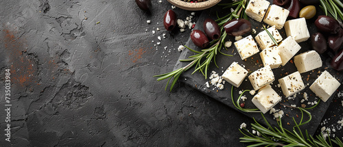 Sliced ​​goat feta cheese with rosemary and olives