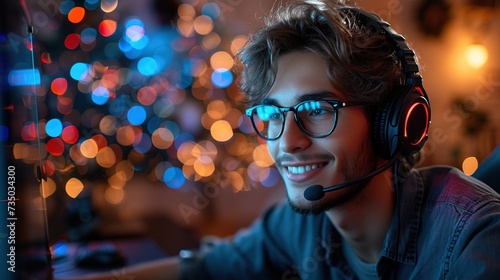 Technology, Gaming, Entertainment. Happy young man in glasses with headset playing and winning home computer game and streaming playback or tutorial video.