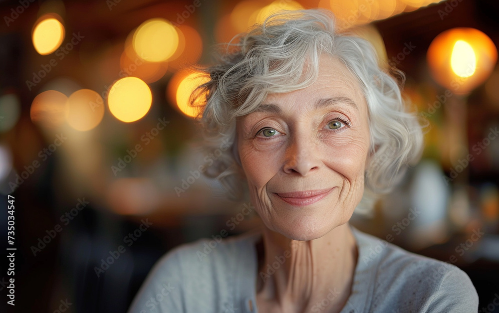 A multiracial woman with white hair wearing a smile on her face. A multiracial woman with white hair wearing a smile on her face.
