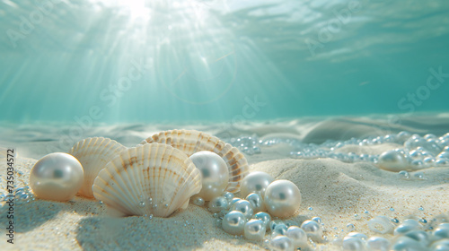 An underwater image of shells and pearls on the ocean floor.