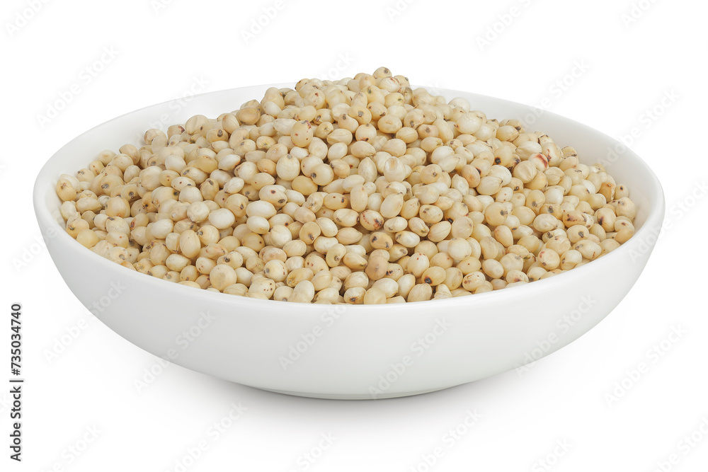 Sorghum seeds in ceramic bowl isolated on white background with full depth of field. Sorghum seeds in ceramic bowl isolated on white background with full depth of field.
