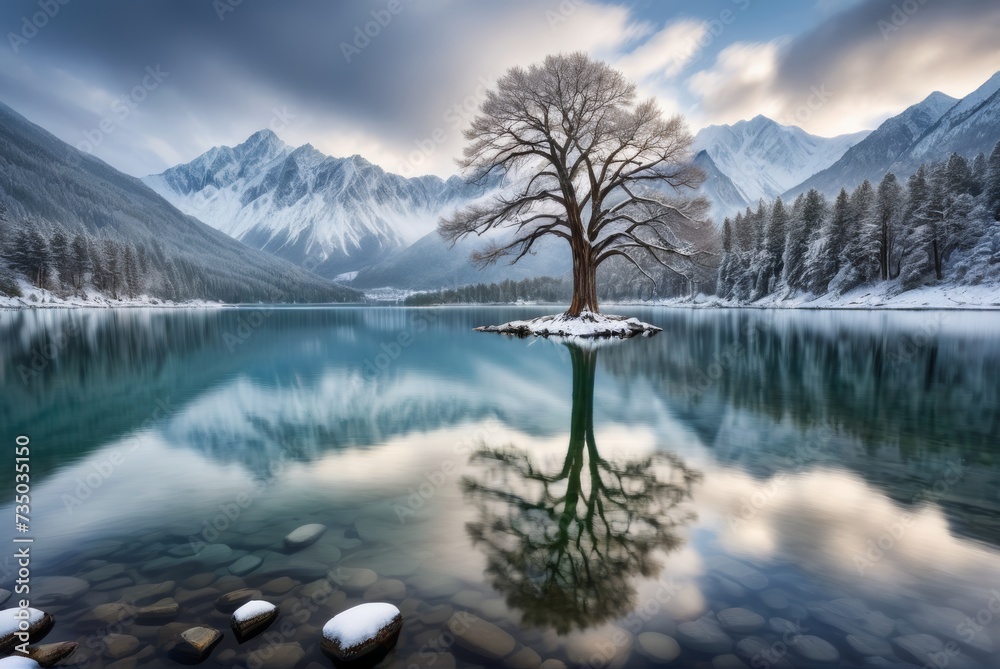 at the serene lake scene old tree, snowy mountains