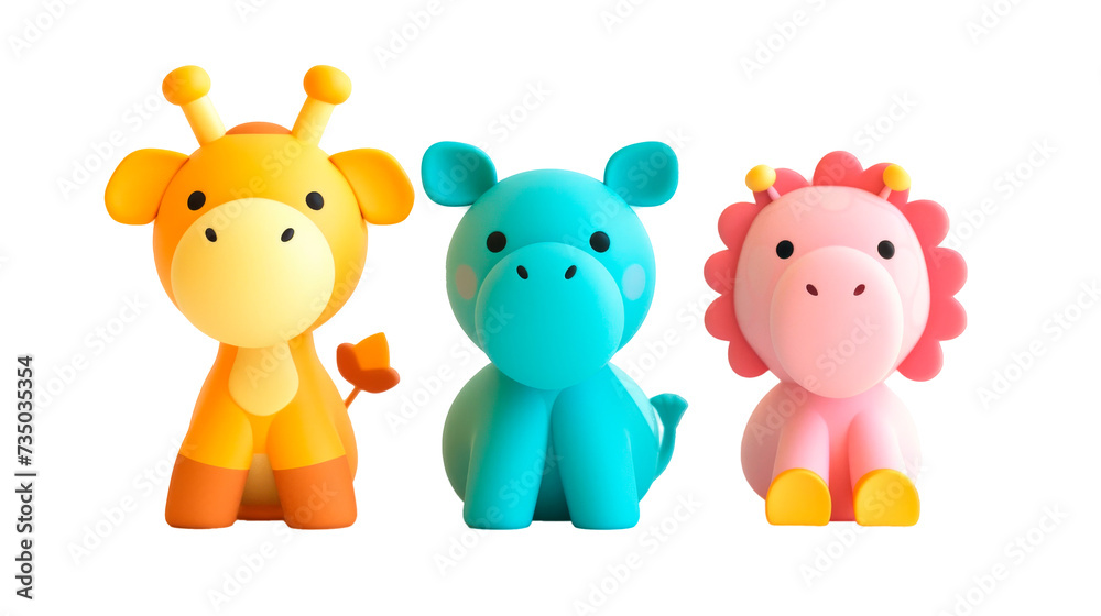 Three Toy Animals Sitting Next to Each Other, Isolated on a Transparent Background Three Toy Animals Sitting Next to Each Other, Isolated on a Transparent Background