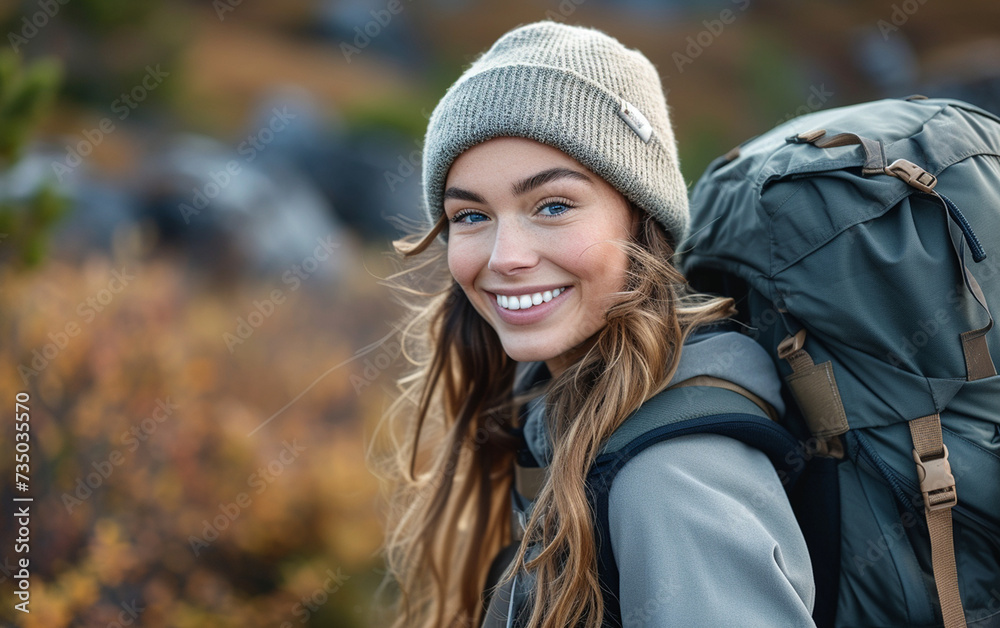 A multiracial woman proudly smiles for the camera while wearing a backpack. A multiracial woman proudly smiles for the camera while wearing a backpack.