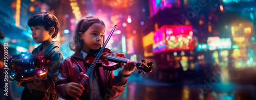 A child with a violin becomes part of the city's pulse, bathed in the glow of night lights; a vibrant tableau of youthful talent set against the tapestry of urban vitality.