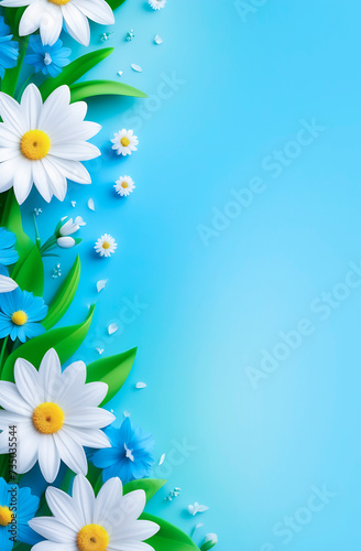 blue background with spring flowers daisies on the left. space for text  © Ольга Смирнова