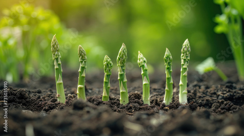 Young asparagus pods grow from the ground. Green sprouts, agriculture. Healthy organic food