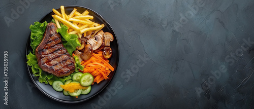 Steak with mushrooms, chips, fries and garden salad of lettuce, cucumber, carrots and peppers.