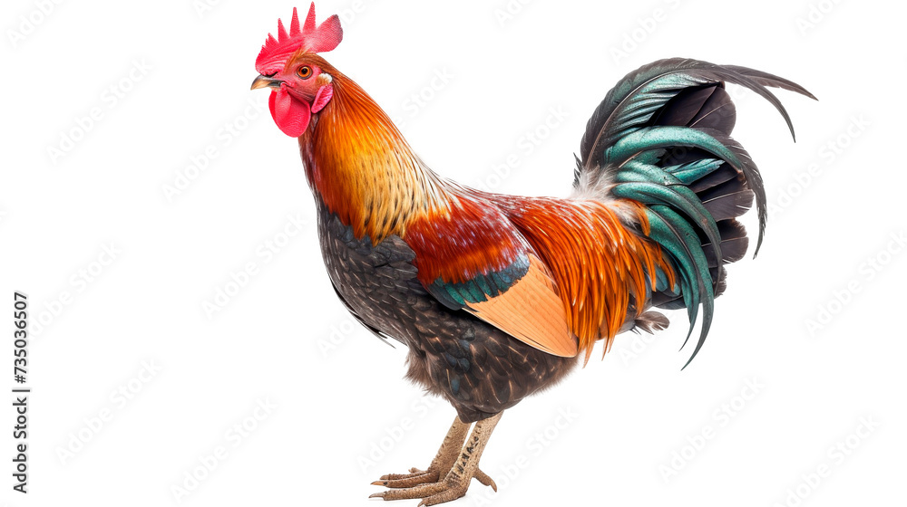 Fototapeta premium Colorful Rooster Standing on White Ground, Isolated on a Transparent Background