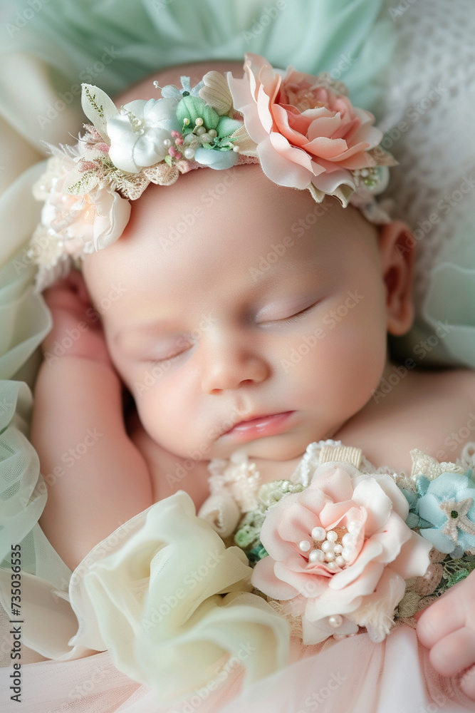 Naklejka premium a newborn baby girl, beautifully dressed in a dress and a bandage.