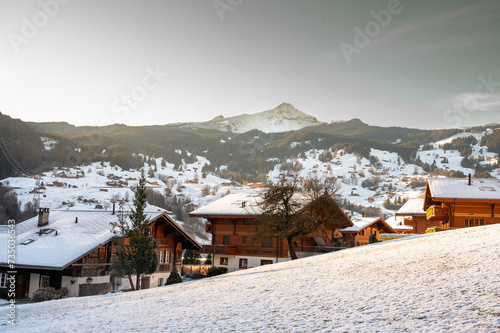 Panorama view of Grindelwald villages with wooden chalets covered with snow in cold winter season at twilght in Swiss Alps 