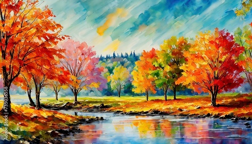 Abstract watercolor painting illustration of autumn nature with colorful trees and a beautiful river