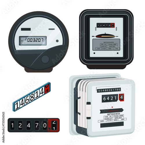 Electric meter types, set. Isolated on white background.