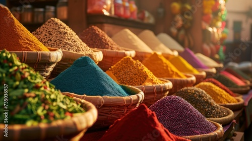 Multi-colored spices on a counter at a Turkish market