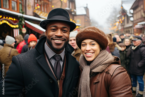 African american man and a woman confidently stand side by side, capturing the attention of a crowd with their magnetic presence.